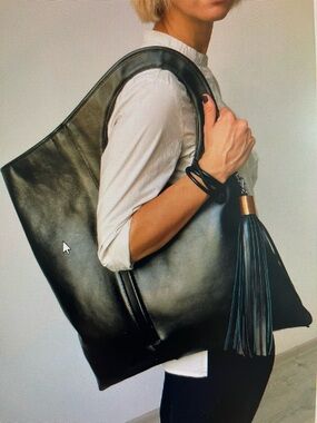 Black Leather Tote Bag with Tassel Accent & Zipper Closure